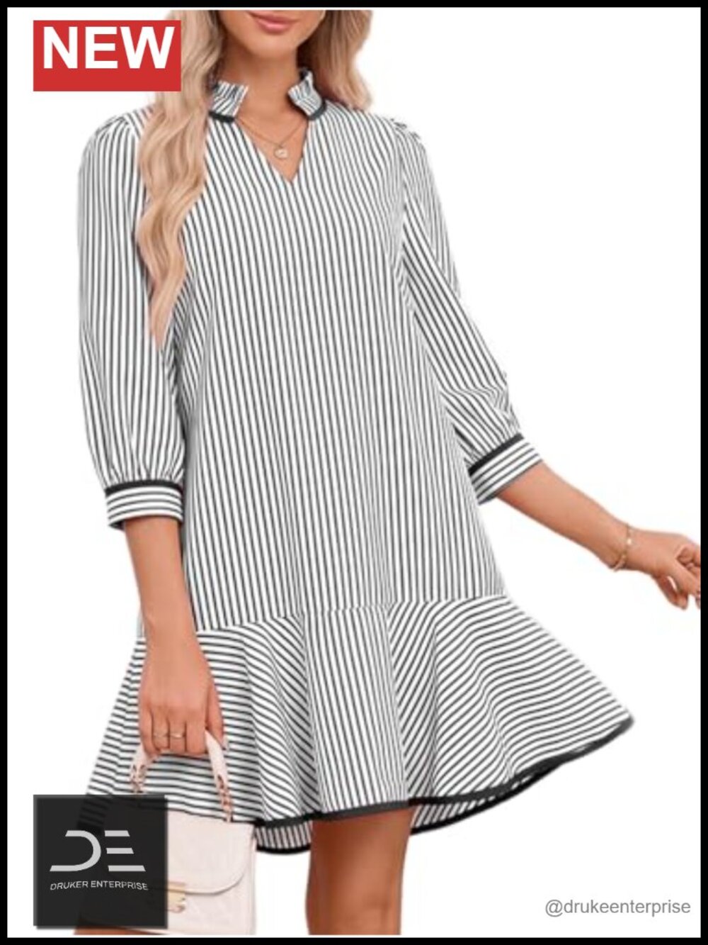 Women Loose V Neck Ruffle Collared 3/4 Sleeve Tiered Mini Dress with Pockets